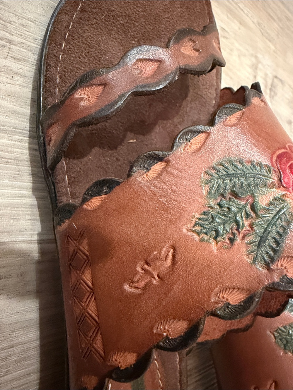 Brown Leather Floral Slide Sandals with Red Rose Detail - Picture 6 of 12
